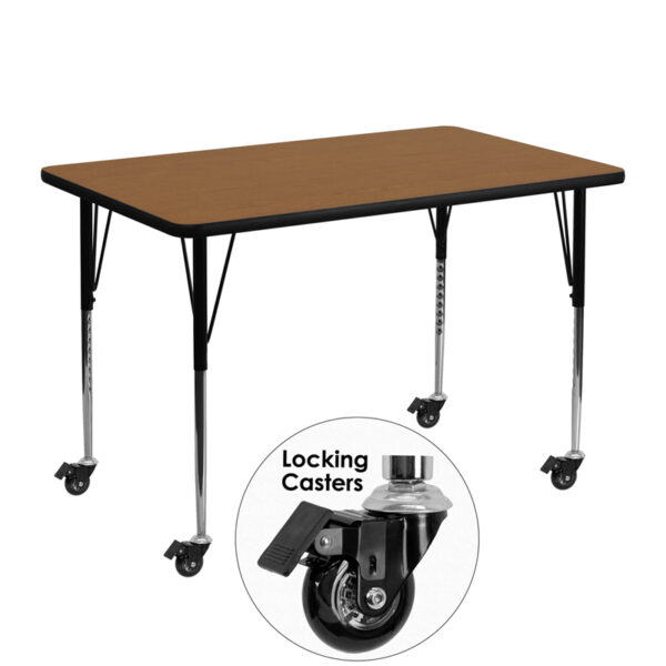 Wholesale Mobile 30''W x 48''L Rectangular Oak Thermal Laminate Activity Table - Standard Height Adjustable Legs