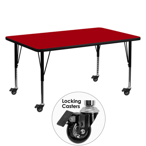 Wholesale Mobile 30''W x 60''L Rectangular Red Thermal Laminate Activity Table - Height Adjustable Short Legs