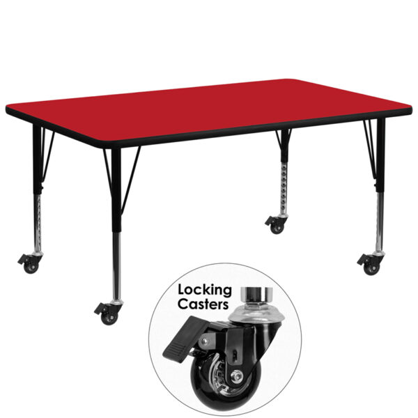 Wholesale Mobile 30''W x 72''L Rectangular Red HP Laminate Activity Table - Height Adjustable Short Legs