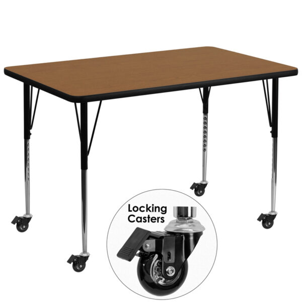 Wholesale Mobile 36''W x 72''L Rectangular Oak Thermal Laminate Activity Table - Standard Height Adjustable Legs