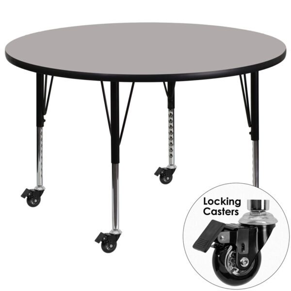 Wholesale Mobile 42'' Round Grey HP Laminate Activity Table - Height Adjustable Short Legs