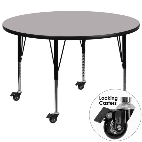 Wholesale Mobile 42'' Round Grey Thermal Laminate Activity Table - Height Adjustable Short Legs