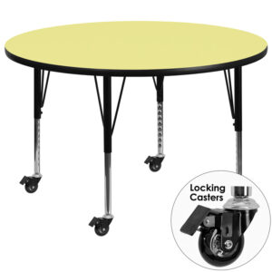 Wholesale Mobile 42'' Round Yellow Thermal Laminate Activity Table - Height Adjustable Short Legs