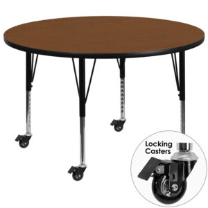 Wholesale Mobile 48'' Round Oak HP Laminate Activity Table - Height Adjustable Short Legs