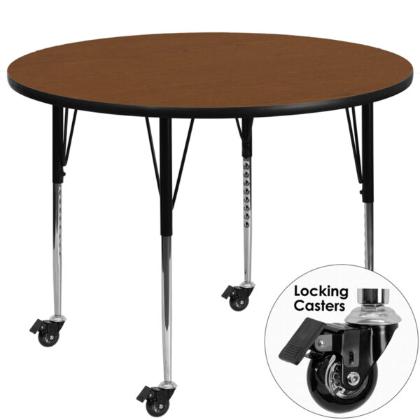 Wholesale Mobile 48'' Round Oak HP Laminate Activity Table - Standard Height Adjustable Legs
