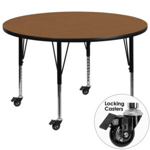 Wholesale Mobile 48'' Round Oak Thermal Laminate Activity Table - Height Adjustable Short Legs