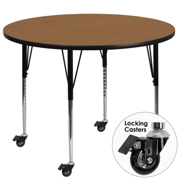 Wholesale Mobile 48'' Round Oak Thermal Laminate Activity Table - Standard Height Adjustable Legs