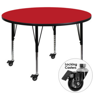 Wholesale Mobile 48'' Round Red HP Laminate Activity Table - Height Adjustable Short Legs