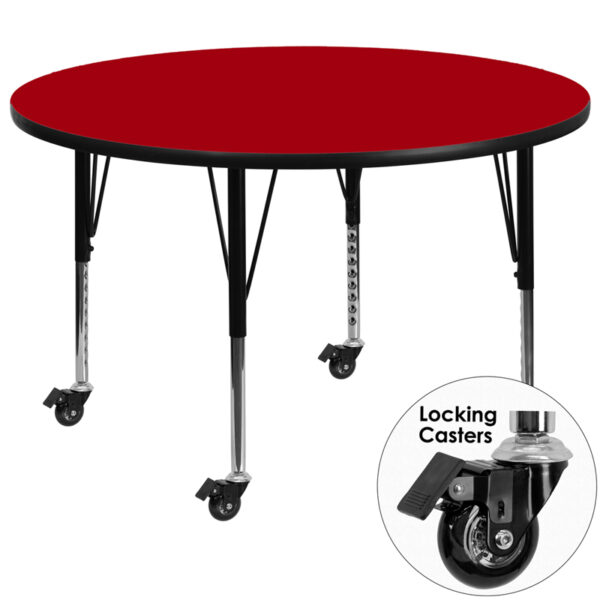 Wholesale Mobile 48'' Round Red Thermal Laminate Activity Table - Height Adjustable Short Legs