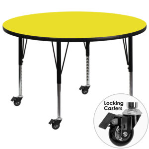 Wholesale Mobile 48'' Round Yellow HP Laminate Activity Table - Height Adjustable Short Legs