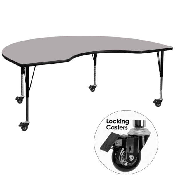 Wholesale Mobile 48''W x 72''L Kidney Grey HP Laminate Activity Table - Height Adjustable Short Legs