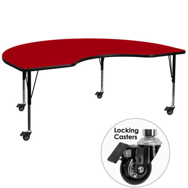 Wholesale Mobile 48''W x 72''L Kidney Red Thermal Laminate Activity Table - Height Adjustable Short Legs