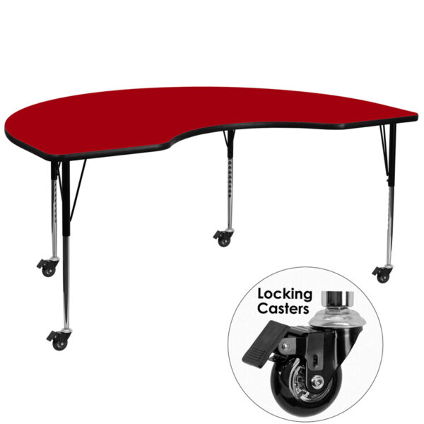 Wholesale Mobile 48''W x 72''L Kidney Red Thermal Laminate Activity Table - Standard Height Adjustable Legs