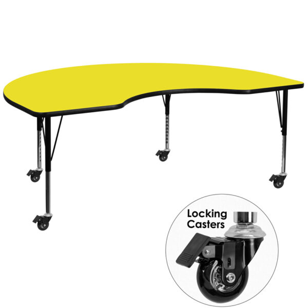 Wholesale Mobile 48''W x 72''L Kidney Yellow HP Laminate Activity Table - Height Adjustable Short Legs