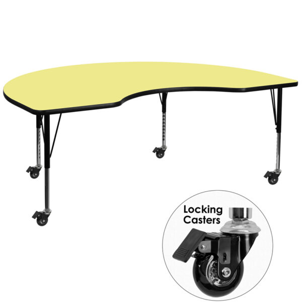 Wholesale Mobile 48''W x 72''L Kidney Yellow Thermal Laminate Activity Table - Height Adjustable Short Legs