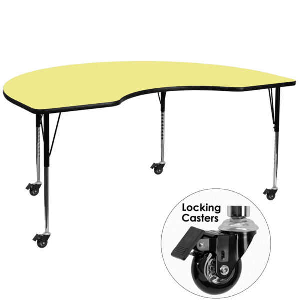 Wholesale Mobile 48''W x 72''L Kidney Yellow Thermal Laminate Activity Table - Standard Height Adjustable Legs