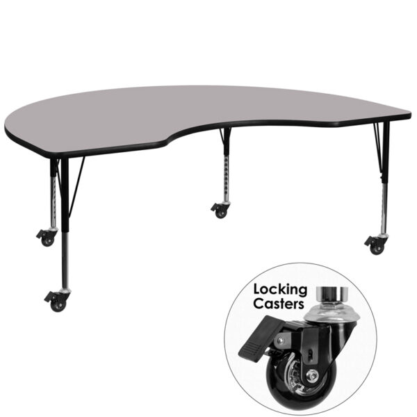 Wholesale Mobile 48''W x 96''L Kidney Grey Thermal Laminate Activity Table - Height Adjustable Short Legs
