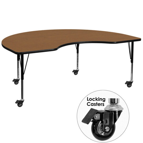 Wholesale Mobile 48''W x 96''L Kidney Oak Thermal Laminate Activity Table - Height Adjustable Short Legs