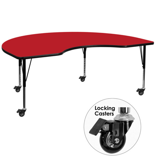 Wholesale Mobile 48''W x 96''L Kidney Red HP Laminate Activity Table - Height Adjustable Short Legs