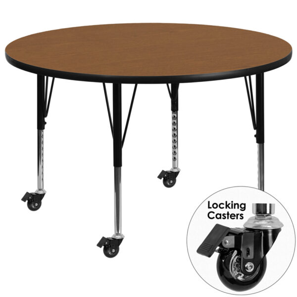 Wholesale Mobile 60'' Round Oak Thermal Laminate Activity Table - Height Adjustable Short Legs