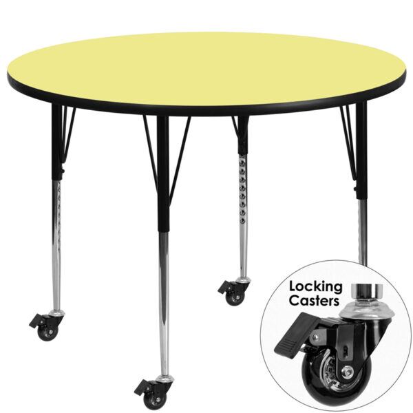 Wholesale Mobile 60'' Round Yellow Thermal Laminate Activity Table - Standard Height Adjustable Legs