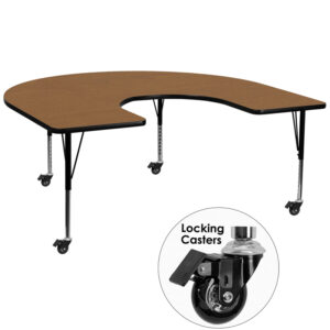 Wholesale Mobile 60''W x 66''L Horseshoe Oak Thermal Laminate Activity Table - Height Adjustable Short Legs