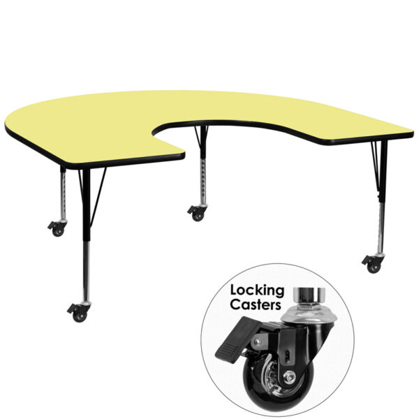 Wholesale Mobile 60''W x 66''L Horseshoe Yellow Thermal Laminate Activity Table - Height Adjustable Short Legs