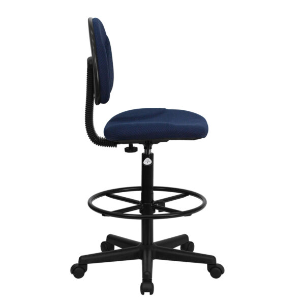 Lowest Price Navy Blue Patterned Fabric Drafting Chair (Cylinders: 22.5''-27''H or 26''-30.5''H)