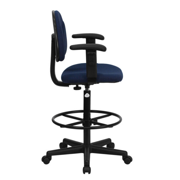 Lowest Price Navy Blue Patterned Fabric Drafting Chair with Adjustable Arms (Cylinders: 22.5''-27''H or 26''-30.5''H)