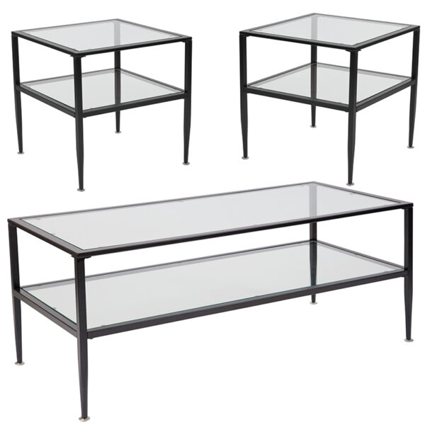 Wholesale Newport Collection 3 Piece Coffee and End Table Set with Glass Tops and Black Metal Frames