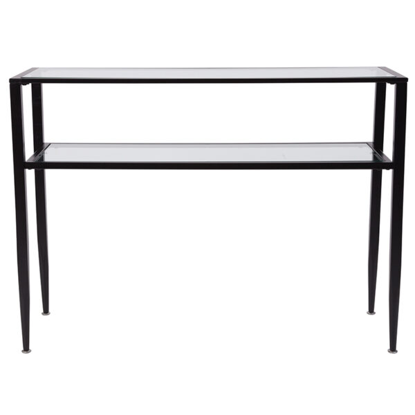 Lowest Price Newport Collection Glass Console Table with Shelves and Black Metal Frame