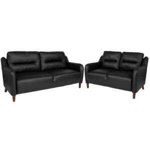 Wholesale Newton Hill Upholstered Bustle Back Loveseat and Sofa Set in Black Leather