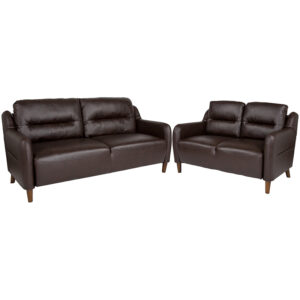 Wholesale Newton Hill Upholstered Bustle Back Loveseat and Sofa Set in Brown Leather