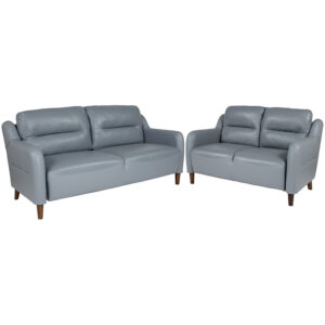 Wholesale Newton Hill Upholstered Bustle Back Loveseat and Sofa Set in Gray Leather