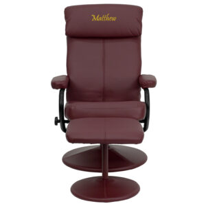 Wholesale Personalized Contemporary Multi-Position Headrest Recliner and Ottoman with Wrapped Base in Burgundy Leather