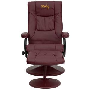 Wholesale Personalized Contemporary Multi-Position Recliner and Ottoman with Wrapped Base in Burgundy Leather