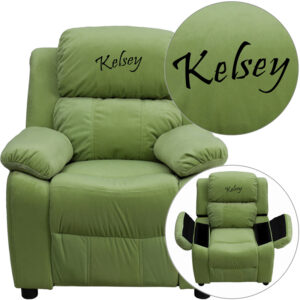 Wholesale Personalized Deluxe Padded Avocado Microfiber Kids Recliner with Storage Arms