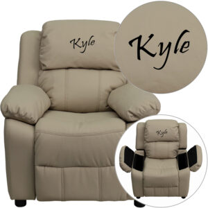 Wholesale Personalized Deluxe Padded Beige Vinyl Kids Recliner with Storage Arms