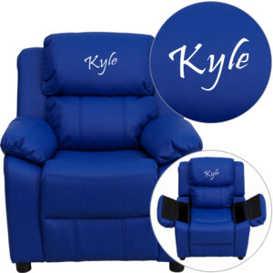 Wholesale Personalized Deluxe Padded Blue Vinyl Kids Recliner with Storage Arms