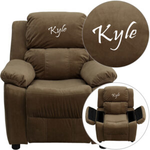 Wholesale Personalized Deluxe Padded Brown Microfiber Kids Recliner with Storage Arms