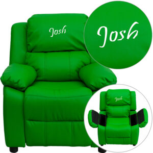 Wholesale Personalized Deluxe Padded Green Vinyl Kids Recliner with Storage Arms