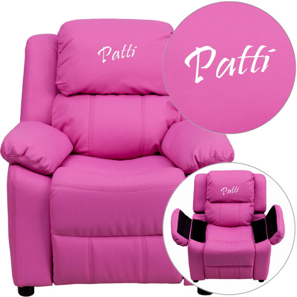 Wholesale Personalized Deluxe Padded Hot Pink Vinyl Kids Recliner with Storage Arms