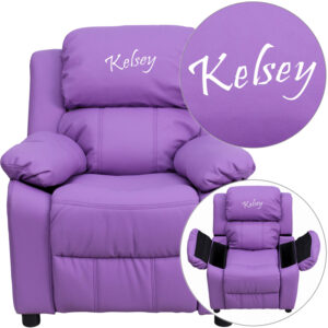 Wholesale Personalized Deluxe Padded Lavender Vinyl Kids Recliner with Storage Arms