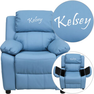 Wholesale Personalized Deluxe Padded Light Blue Vinyl Kids Recliner with Storage Arms