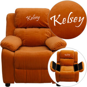 Wholesale Personalized Deluxe Padded Orange Microfiber Kids Recliner with Storage Arms