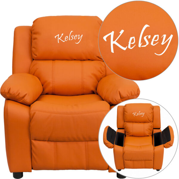 Wholesale Personalized Deluxe Padded Orange Vinyl Kids Recliner with Storage Arms