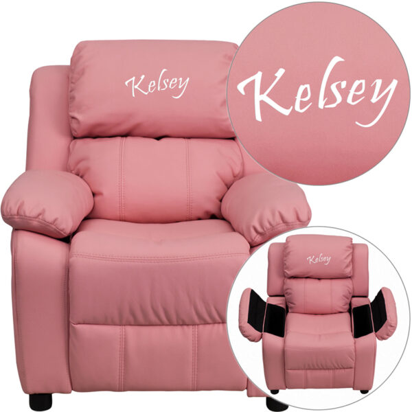 Wholesale Personalized Deluxe Padded Pink Vinyl Kids Recliner with Storage Arms