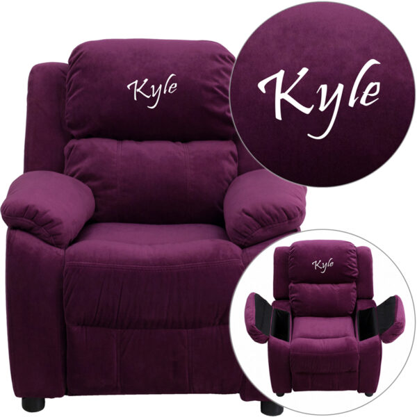Wholesale Personalized Deluxe Padded Purple Microfiber Kids Recliner with Storage Arms