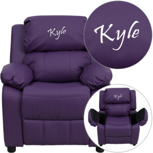 Wholesale Personalized Deluxe Padded Purple Vinyl Kids Recliner with Storage Arms