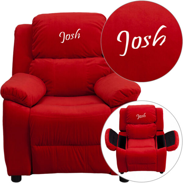 Wholesale Personalized Deluxe Padded Red Microfiber Kids Recliner with Storage Arms